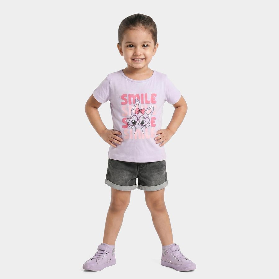 Girls' Lilac Cotton Blend Round Neck Regular T-Shirt, Lilac, large