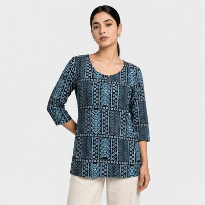 Women's Navy Blue Scoop Neck Printed Straight Kurti