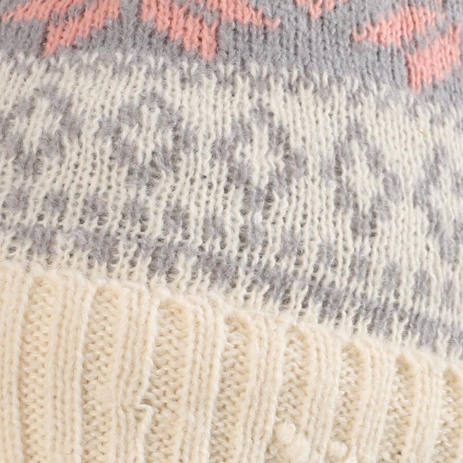 Women's Cream and Grey Snowflake Knitted Beanie Cap, Off White, large image number null