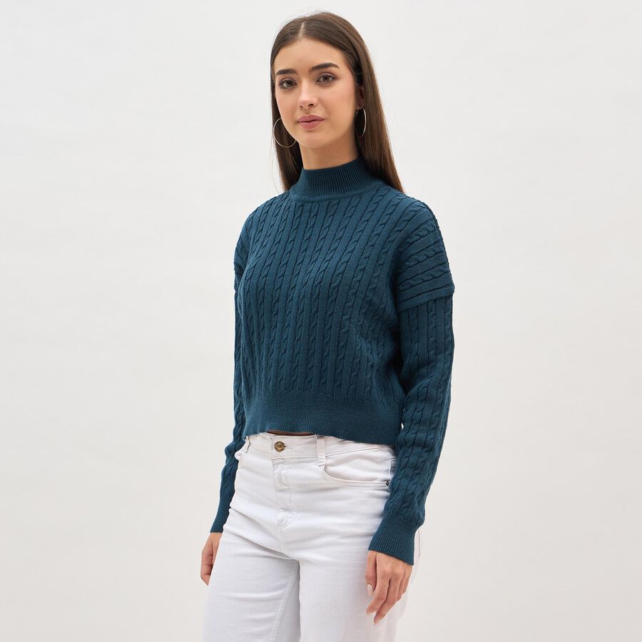 Women's Deep Teal High Neck Classic Pullover, टील ब्लू, large image number null
