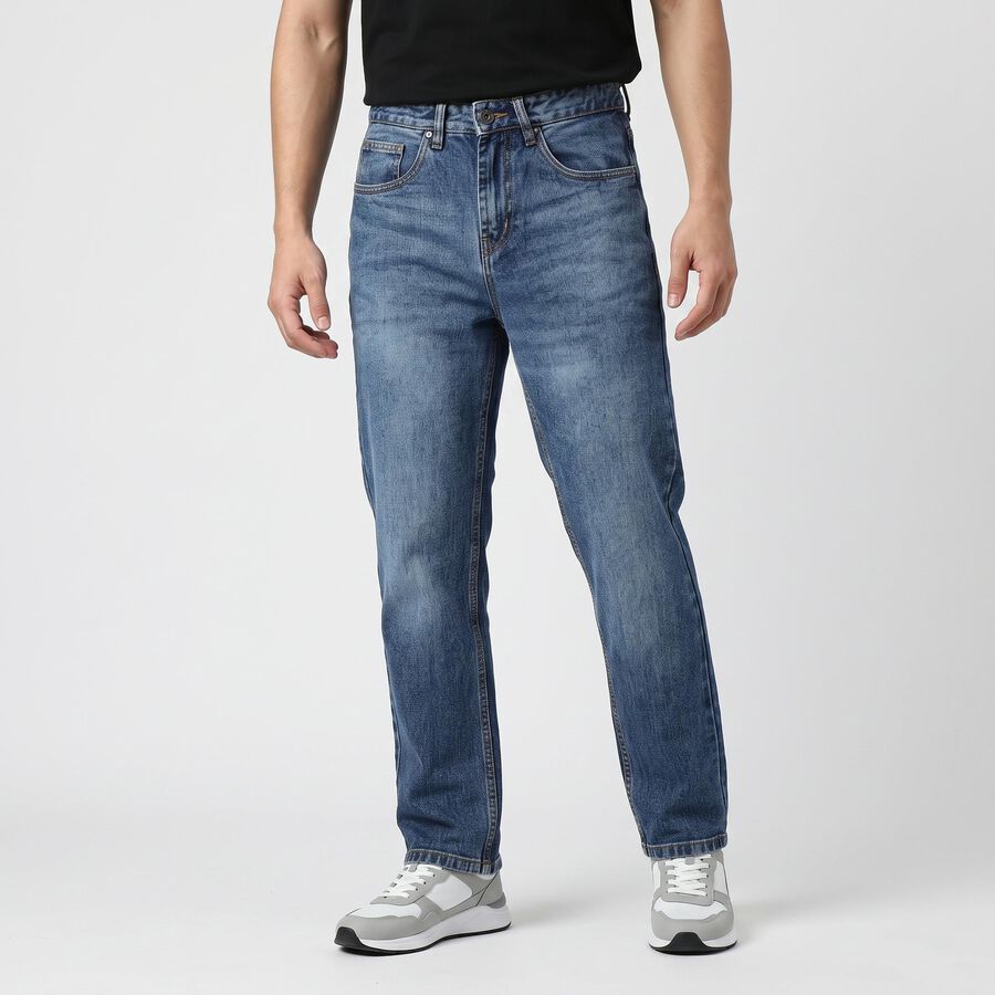 Men's Blue Straight Fit Washed Jeans, गहरा नीला, large