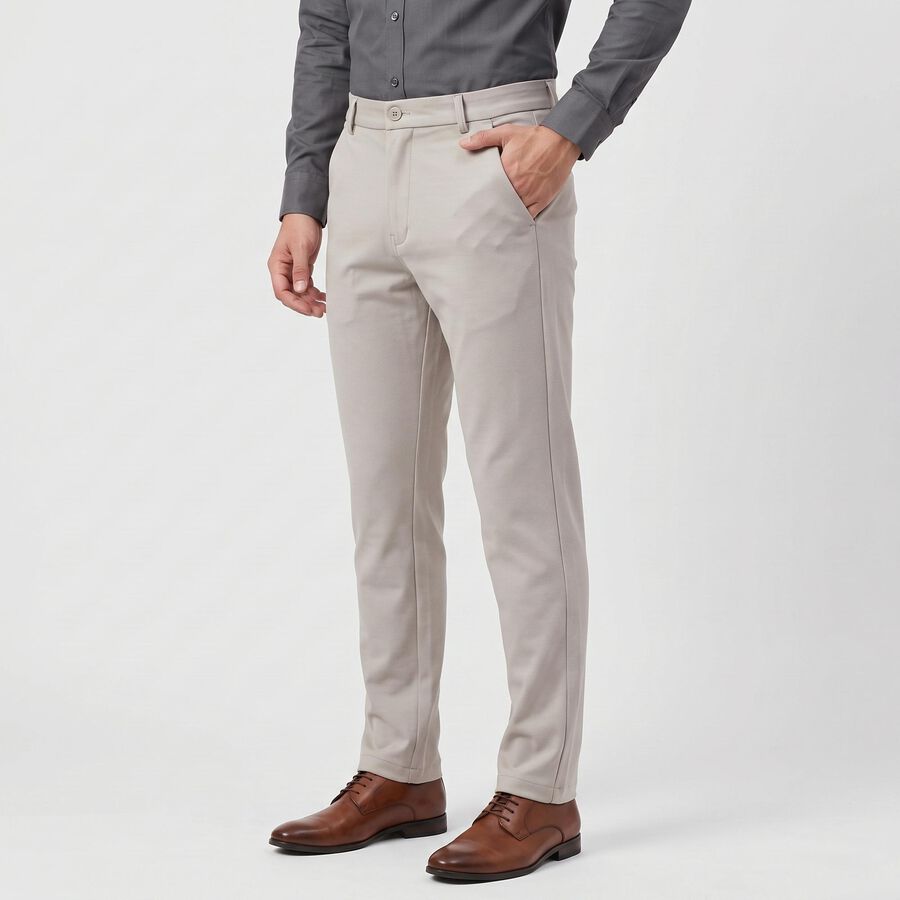 Men's Silver Slim Fit Flat-Front Casual Trousers, Silver, large