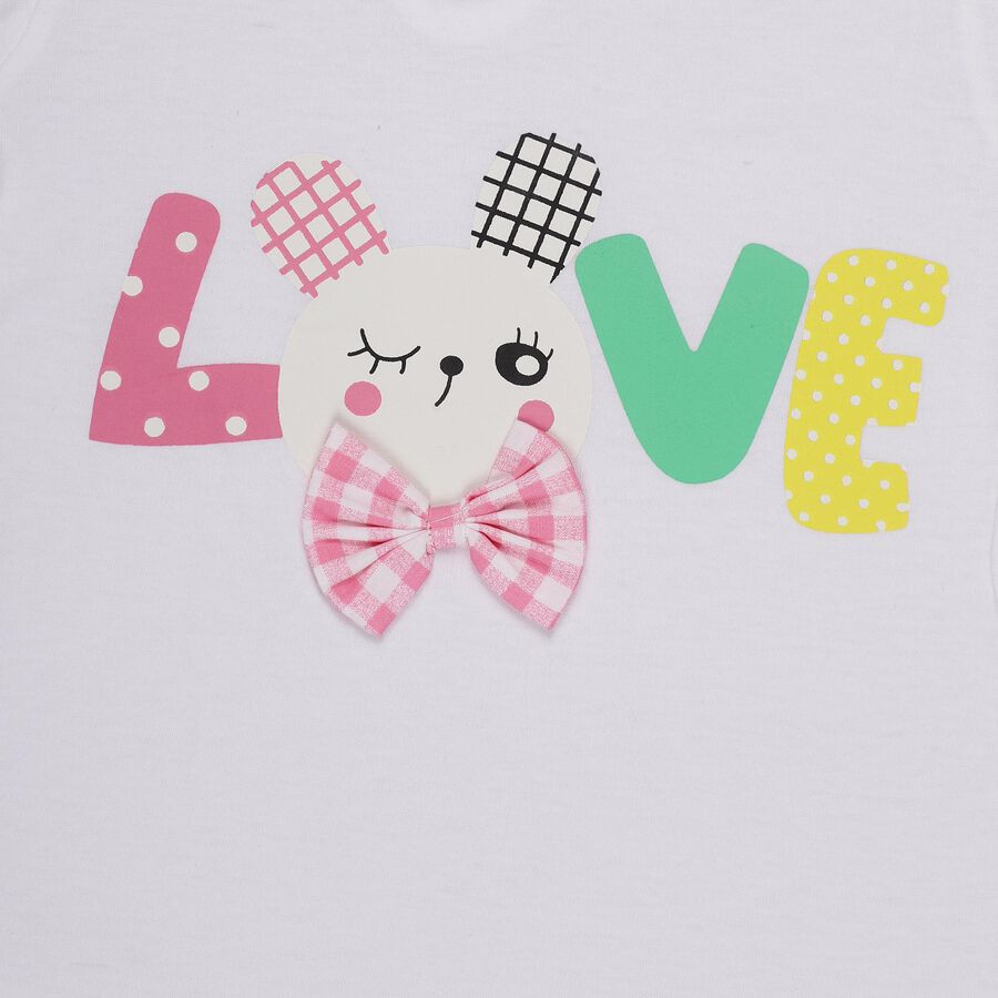 Girls' White Cotton Printed T-Shirt and Pink Gingham Shorts Set, White, large image number null