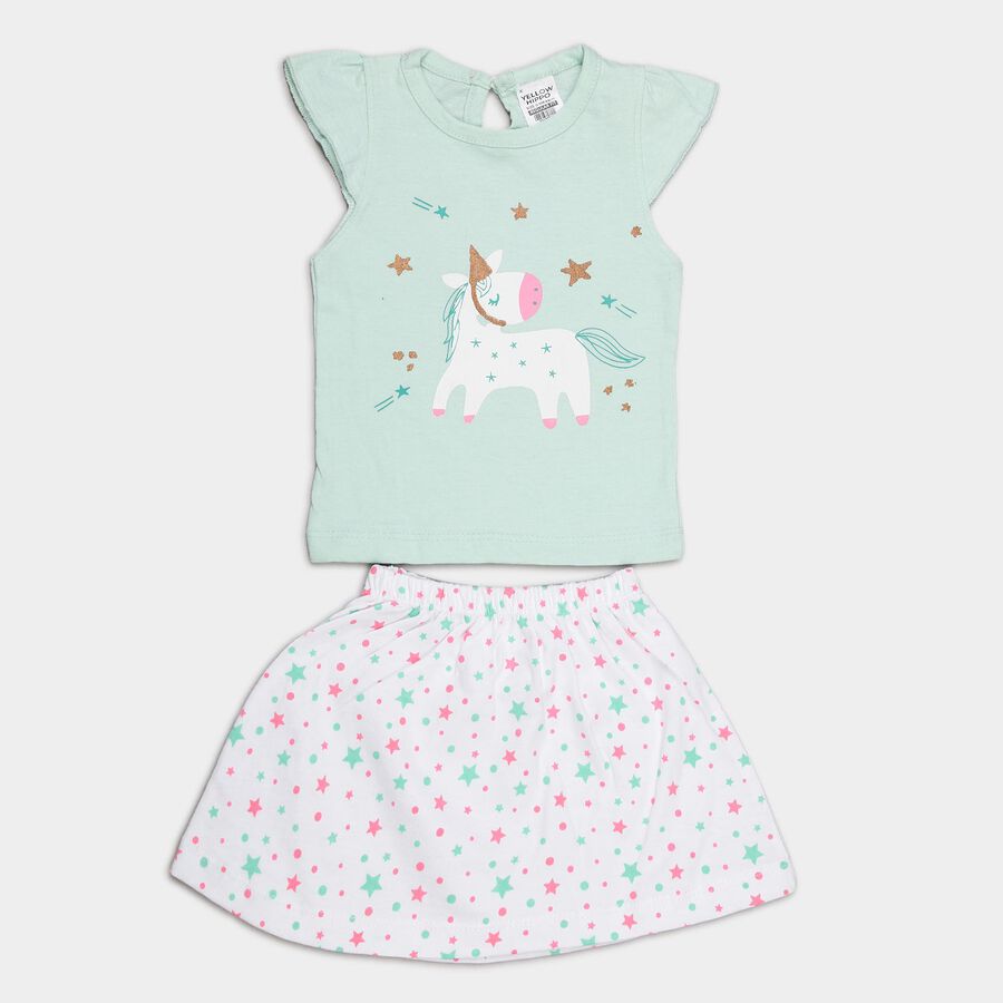 Infants Cotton Round Neck Skirt Top Set, Light Green, large image number null