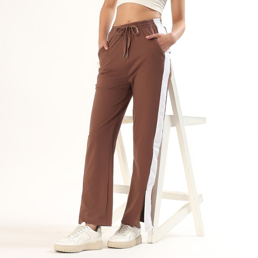Women's Warm Mocha Brown Side-Striped Relaxed Fit Track Pants, Brown, large image number null