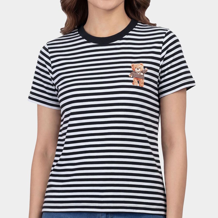 Women's Black Round Neck Casual T-Shirt, Black, large