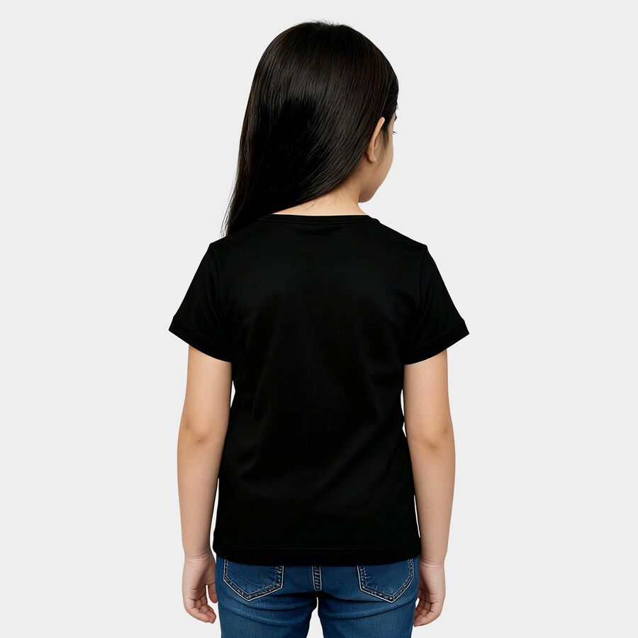 Girls' Black Round Neck Casual T-Shirt, काला, large