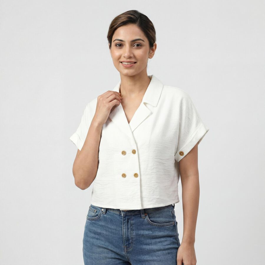 Women White Half Sleeve Lapel Collar Minimalist Shirt, सफ़ेद, large