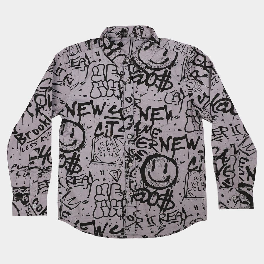 Boys Grey Cotton Long Sleeve Collar Regular Fit Shirt, हल्का ग्रे, large