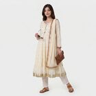 Women's Off White Cotton Round Neck Embellished Anarkali Kurta, ऑफ व्हाइट, small