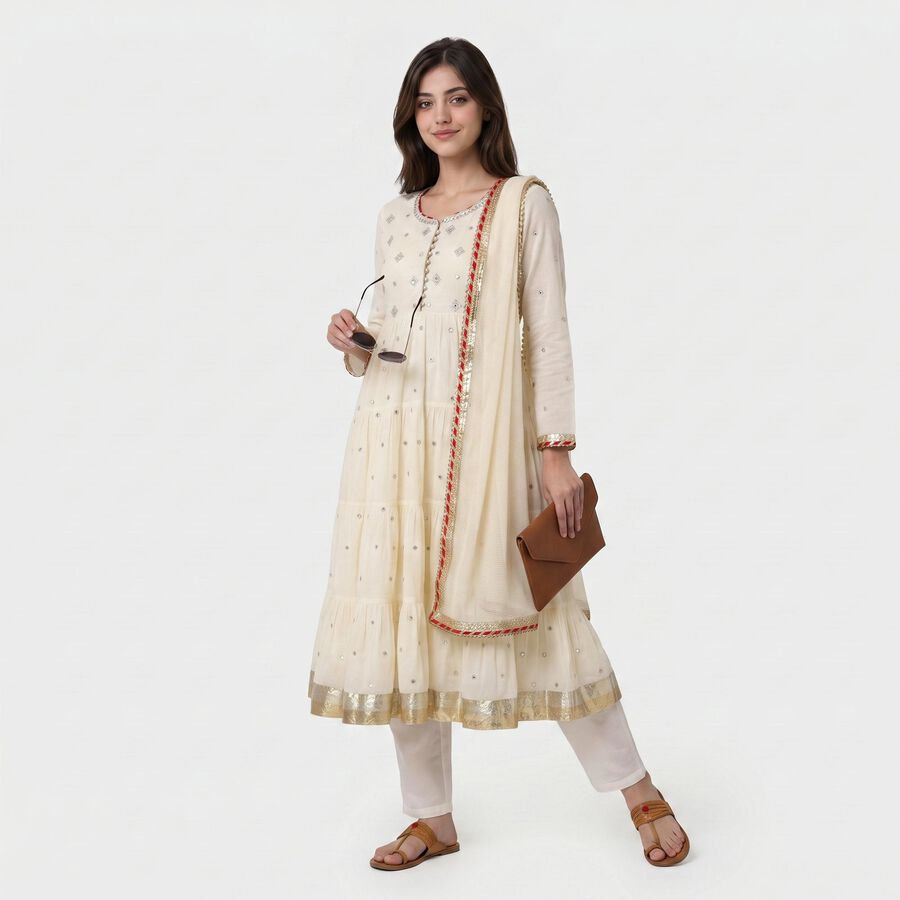 Women's Off White Cotton Round Neck Embellished Anarkali Kurta, ऑफ व्हाइट, large