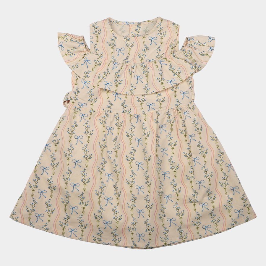 Girls' Light Pink Fit and Flare Floral Printed Cold Shoulder Frock, Light Pink, large