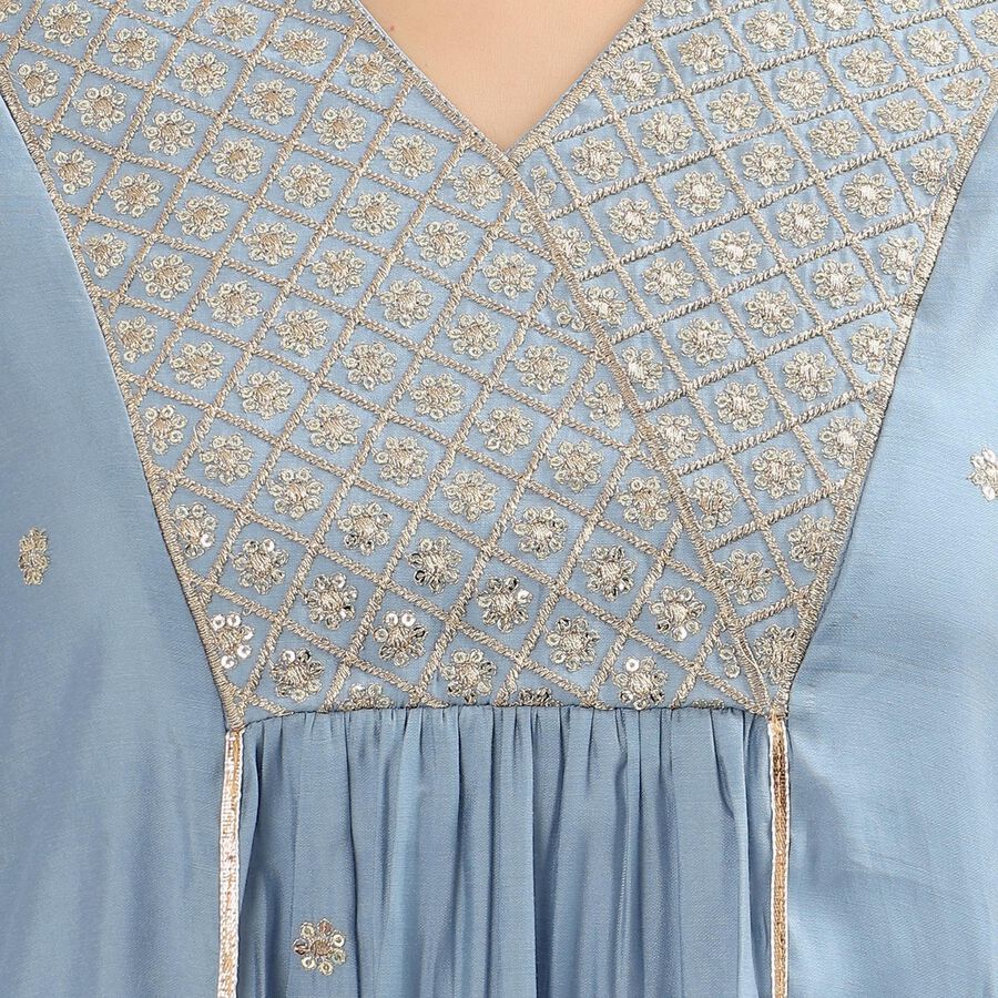 Women's Muted Powder Blue V-Neck Embroidered Flared Kurta, मध्यम नीला, large image number null