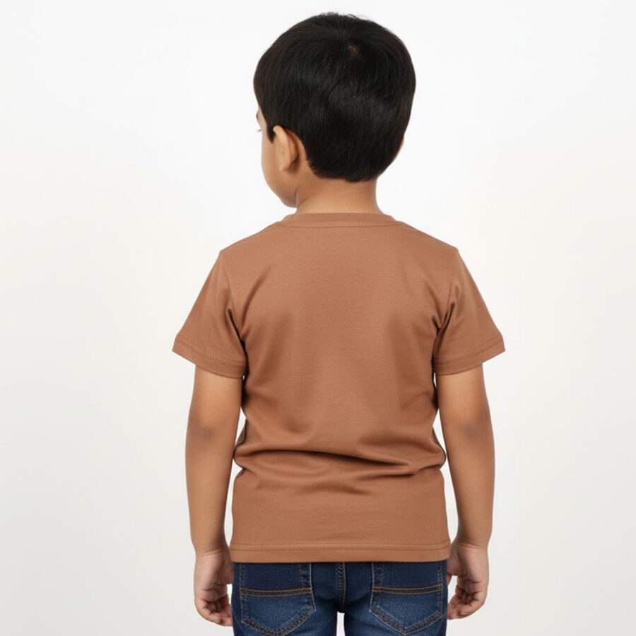 Boys Warm Brown Cotton Round Neck Casual T-Shirt, Brown, large image number null
