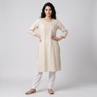 Women's Beige Round Neck Embroidered Straight Kurta, Beige, small