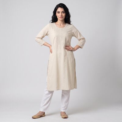 Women's Beige Round Neck Embroidered Straight Kurta