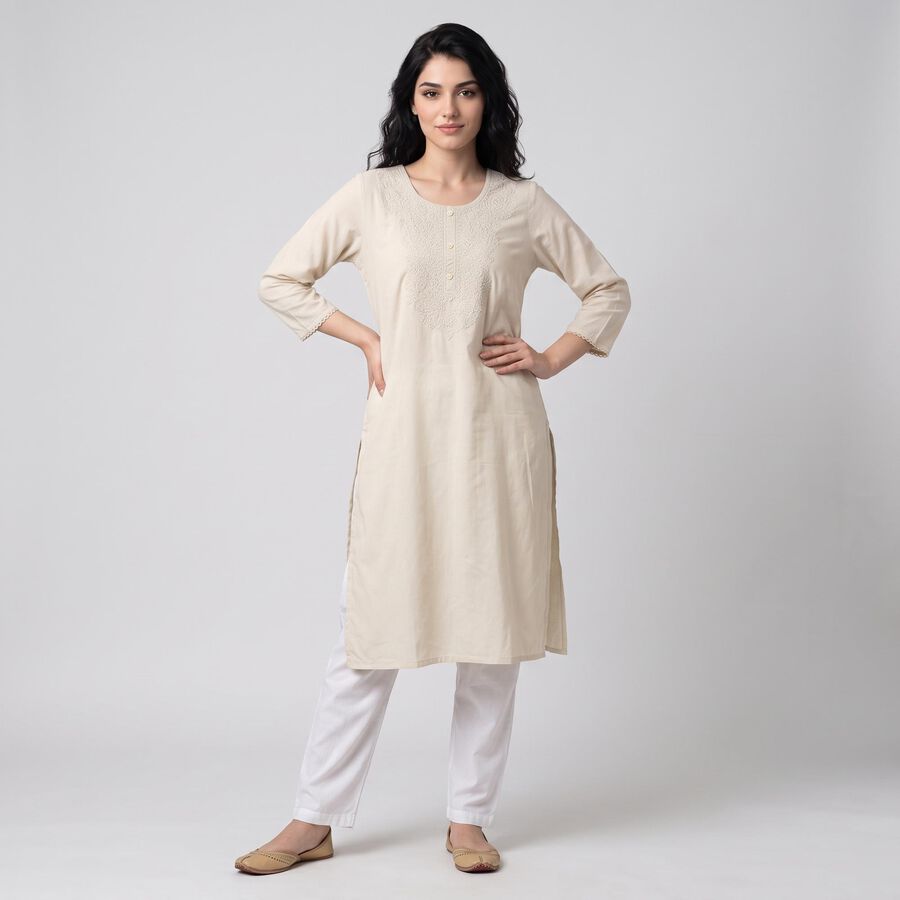 Women's Beige Round Neck Embroidered Straight Kurta, Beige, large
