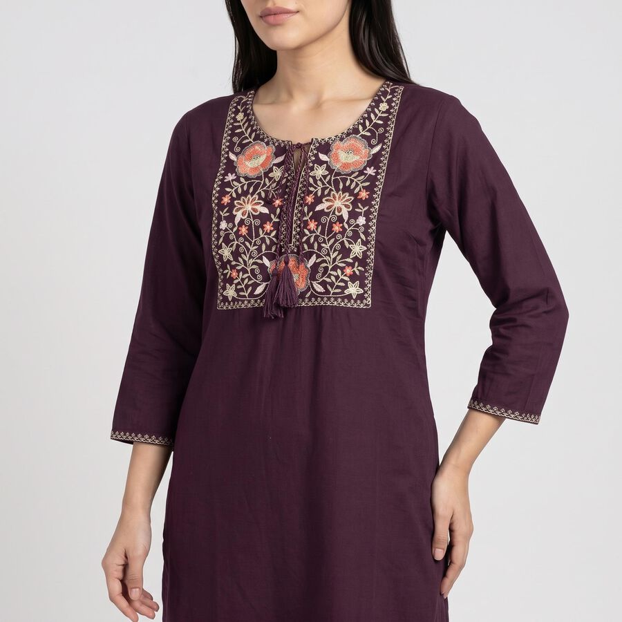 Women's Purple Round Neck Embroidered Kurta, बैंगनी, large