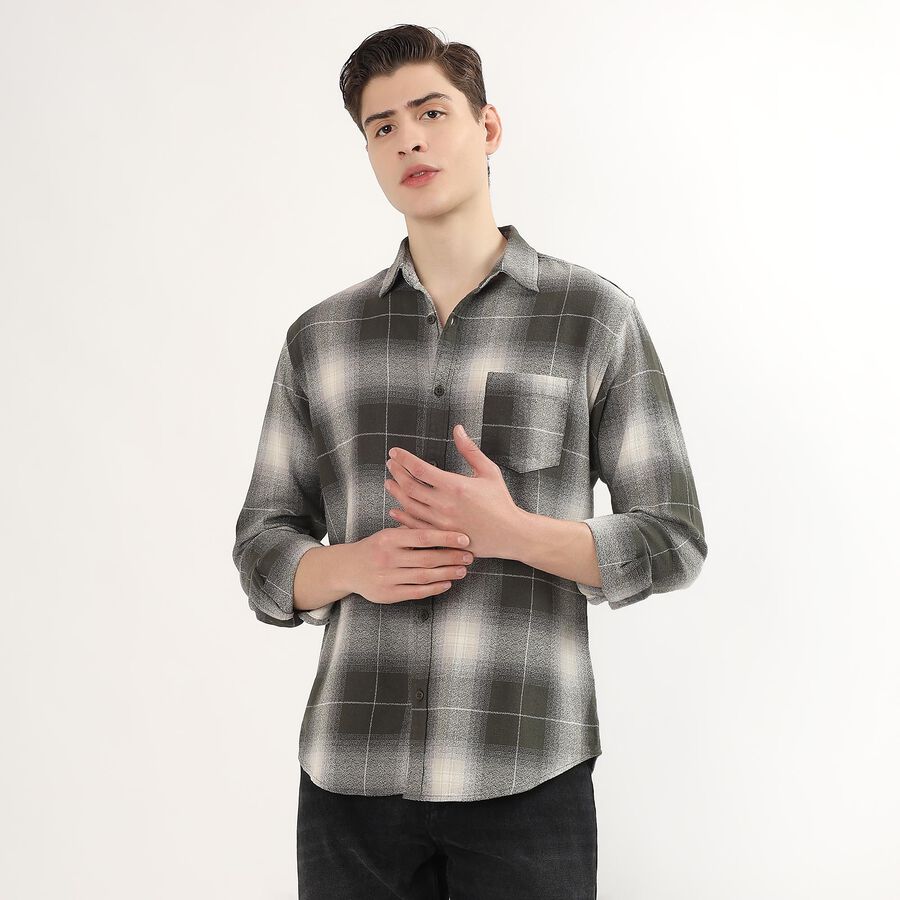 Men's Muted Olive Green Cotton Full Sleeve Spread Collar Casual Shirt, Olive, large