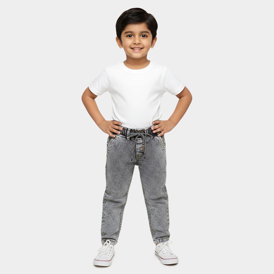 Boys' Grey Regular Fit Washed Elasticated Waist Jeans, हल्का ग्रे, large