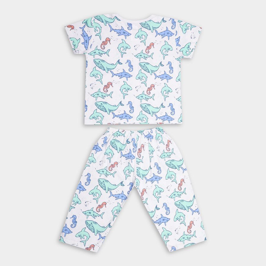 Boys White Cotton Round Neck Printed Night Suit, सफ़ेद, large image number null