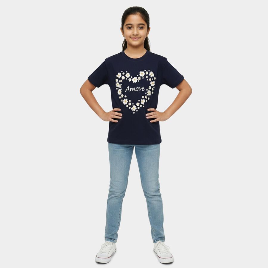 Girls' Navy Blue Cotton Round Neck Casual T-Shirt, नेवी ब्लू, large