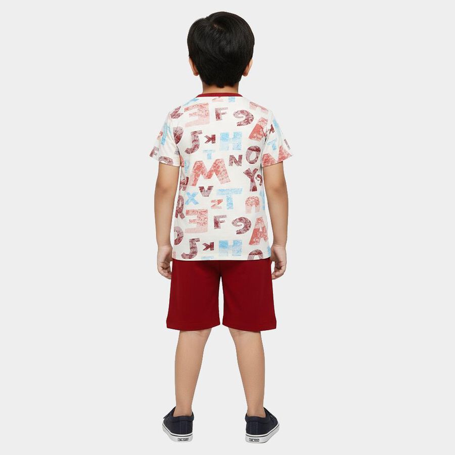 Boys' Off White and Maroon Cotton Round Neck Alphabet Printed Baba Suit, ऑफ व्हाइट, large