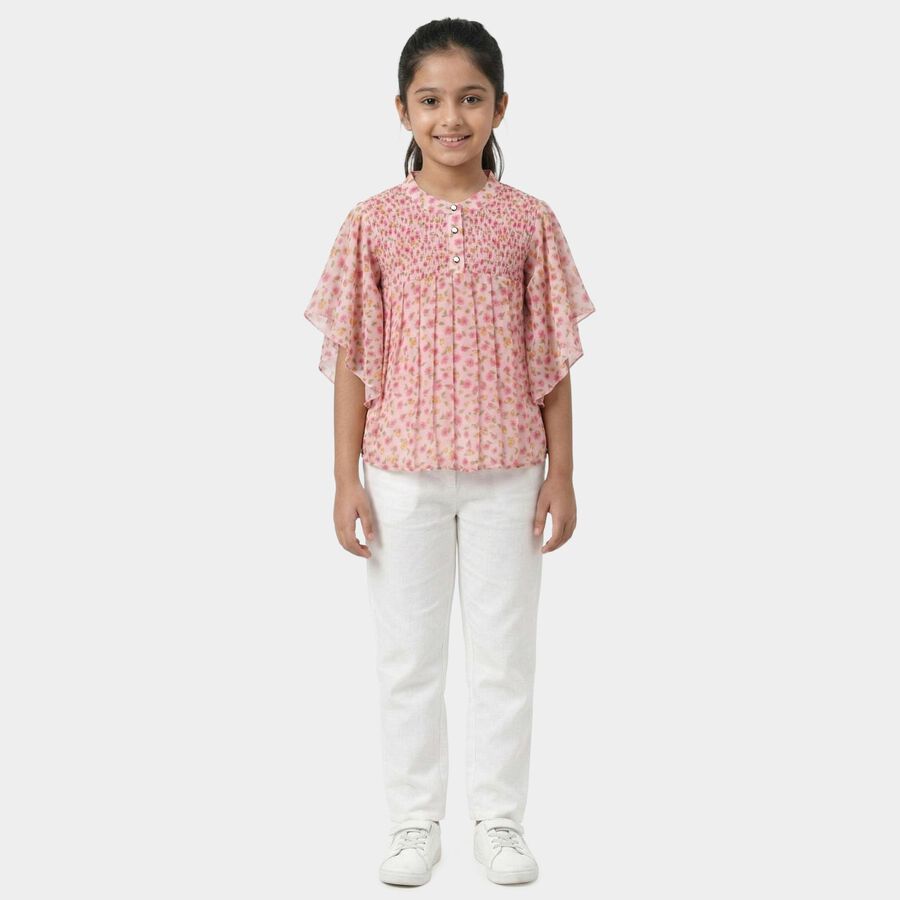 Girls Pink Smocked Neckline Casual T-Shirt, Pink, large