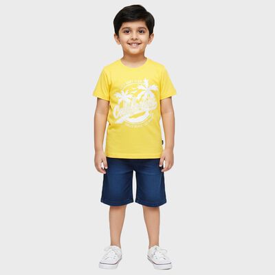 Boys Yellow 100% Cotton Round Neck Graphic Printed Baba Suit