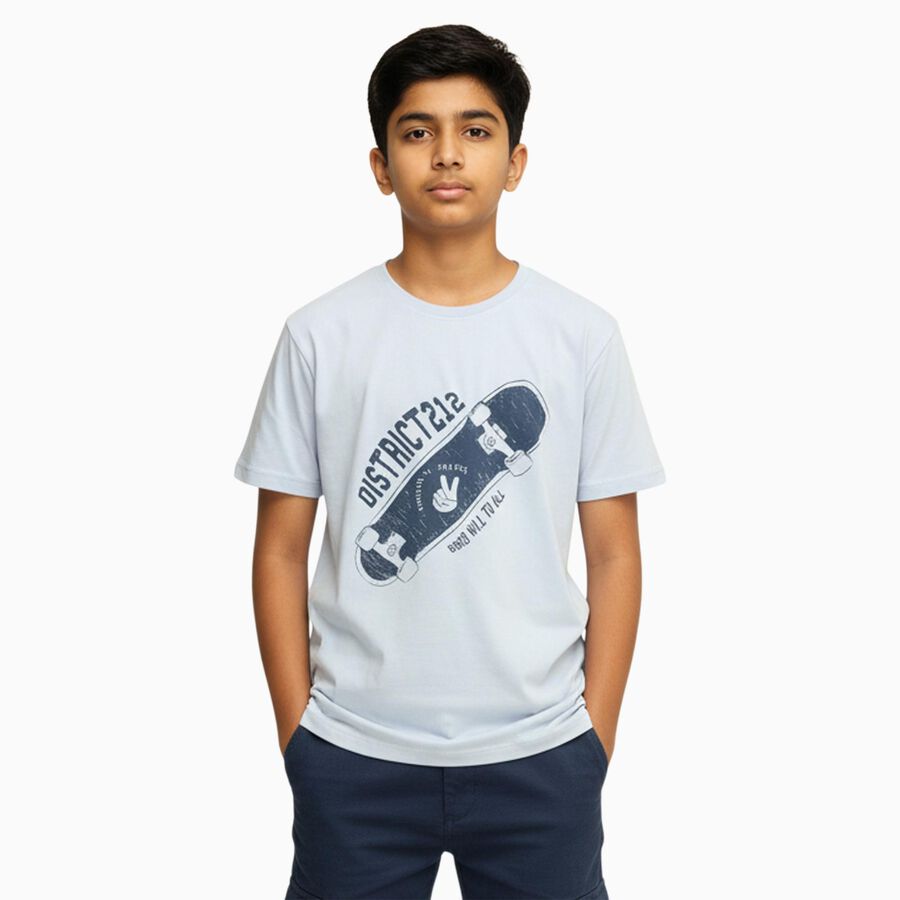 Boys Light Blue Crew Neck Casual Half Sleeve T-Shirt, हल्का नीला, large image number null