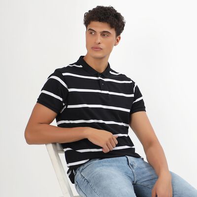 Men's Jet Black Polo Neck Striped T-Shirt