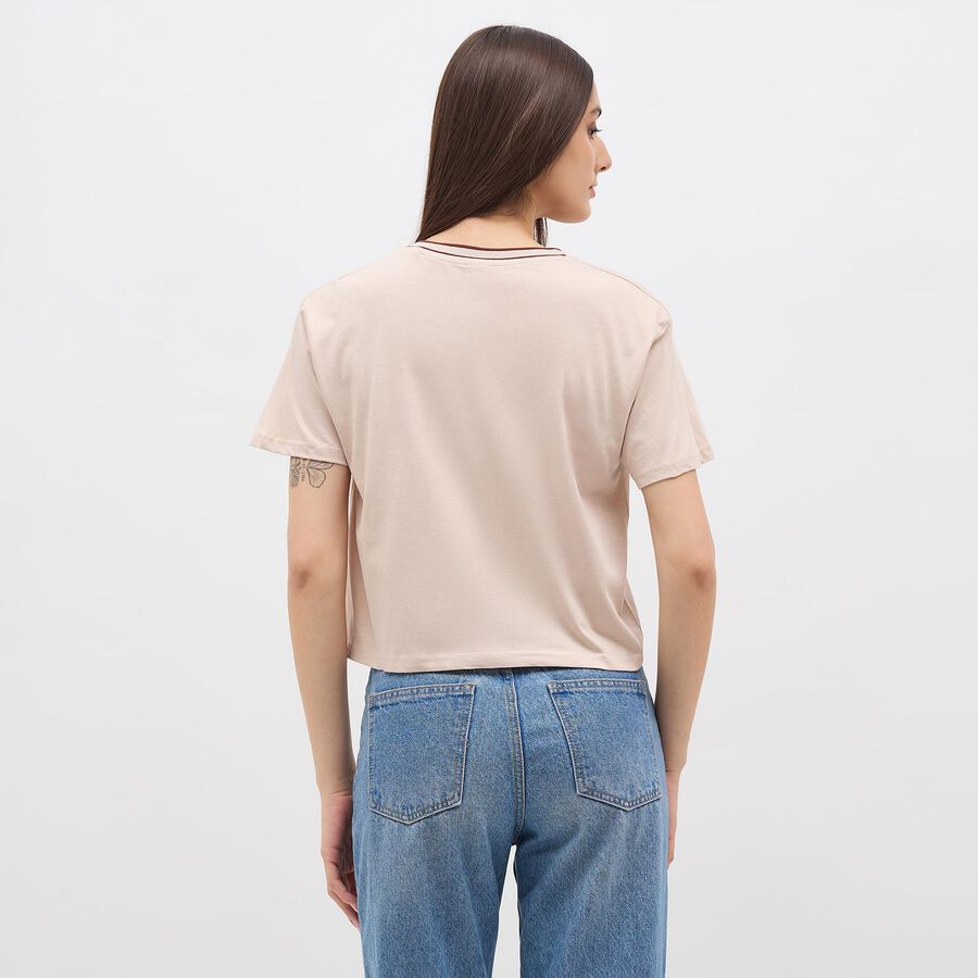 Women's Light Beige Cotton V-Neck Casual Crop T-Shirt, Beige, large