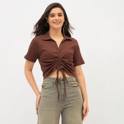 Women's Brown Cotton Collared Casual Crop Top
