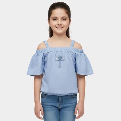Girls' Light Blue Round Neck Casual T-Shirt