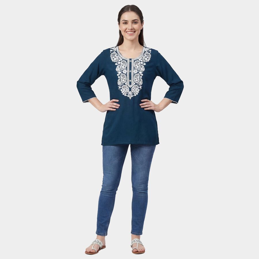 Women's Teal Round Neck Printed Kurti, टील ब्लू, large