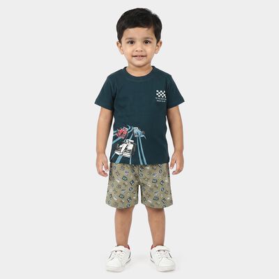 Boys' Teal 100% Cotton Crew Neck Graphic Print Baba Suit