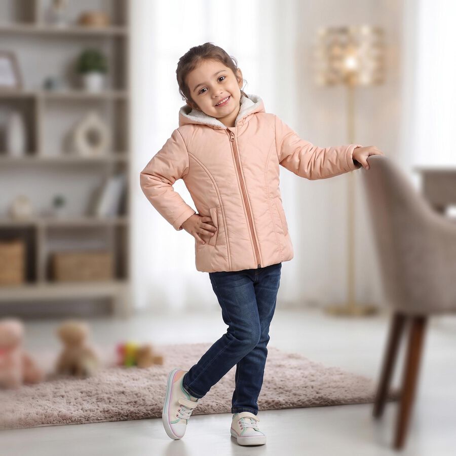 Girls' Pink Hooded Puffer Jacket, Light Pink, large