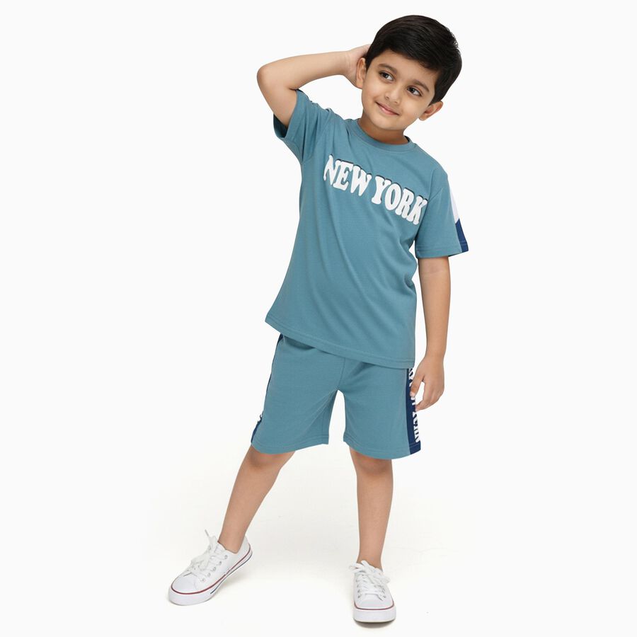 Boys' Light Blue Cotton Round Neck Printed Baba Suit, Light Blue, large image number null