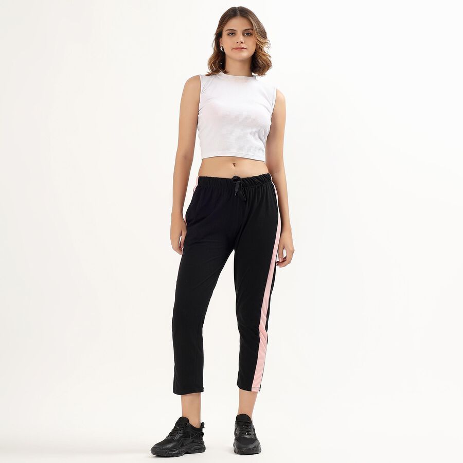 Women's Jet Black Regular Fit Side-Striped Track Pants, Black, large image number null