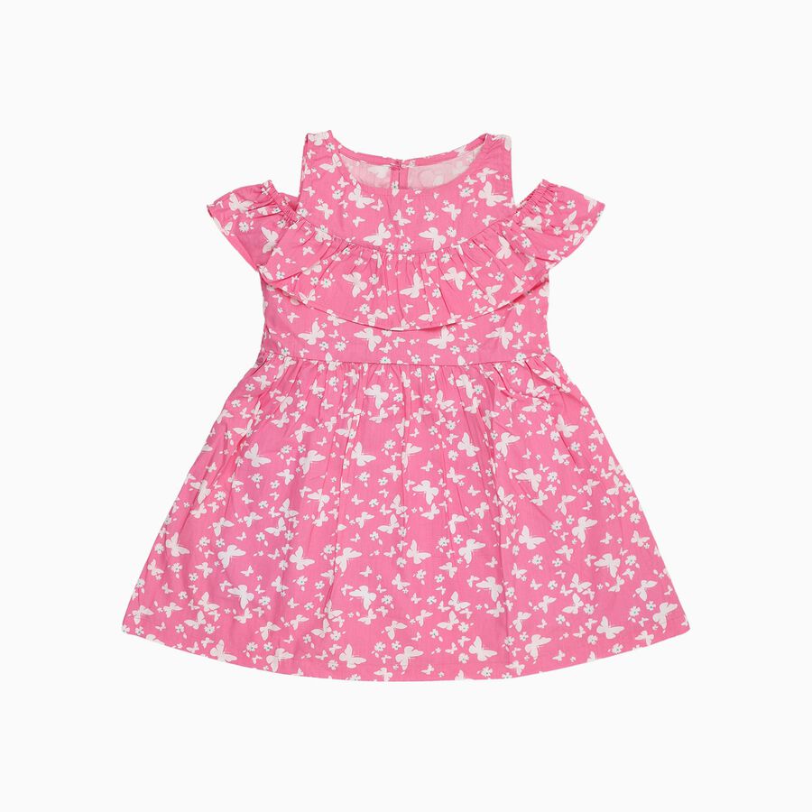 Girls' Bright Pink Butterfly Print Cold-Shoulder A-Line Frock, Pink, large image number null