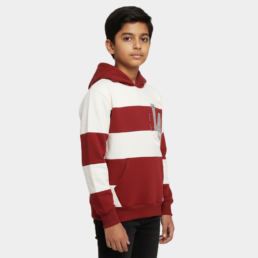 Boys Rich Maroon and White Hooded Neck Striped Sweatshirt, मरून, large image number null