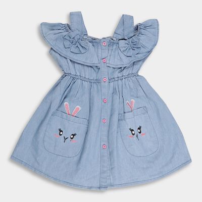 Girls' Light Denim Blue Embroidered Sleeveless Casual Frock