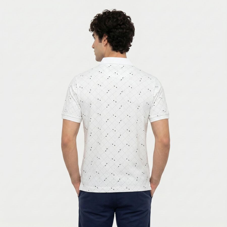 Men's White Cotton Polo Neck Geometric Polo T-Shirt, सफ़ेद, large