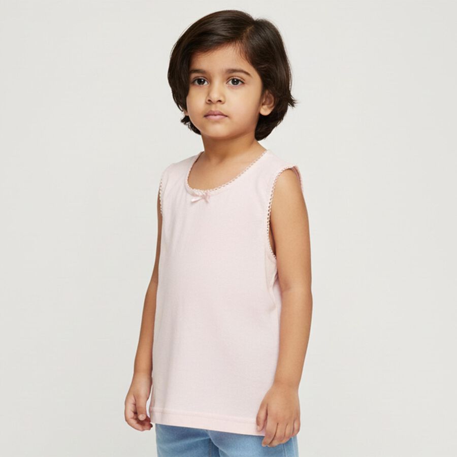 Girls Soft Pink Cotton Round Neck Sleeveless Vest, Peach, large image number null