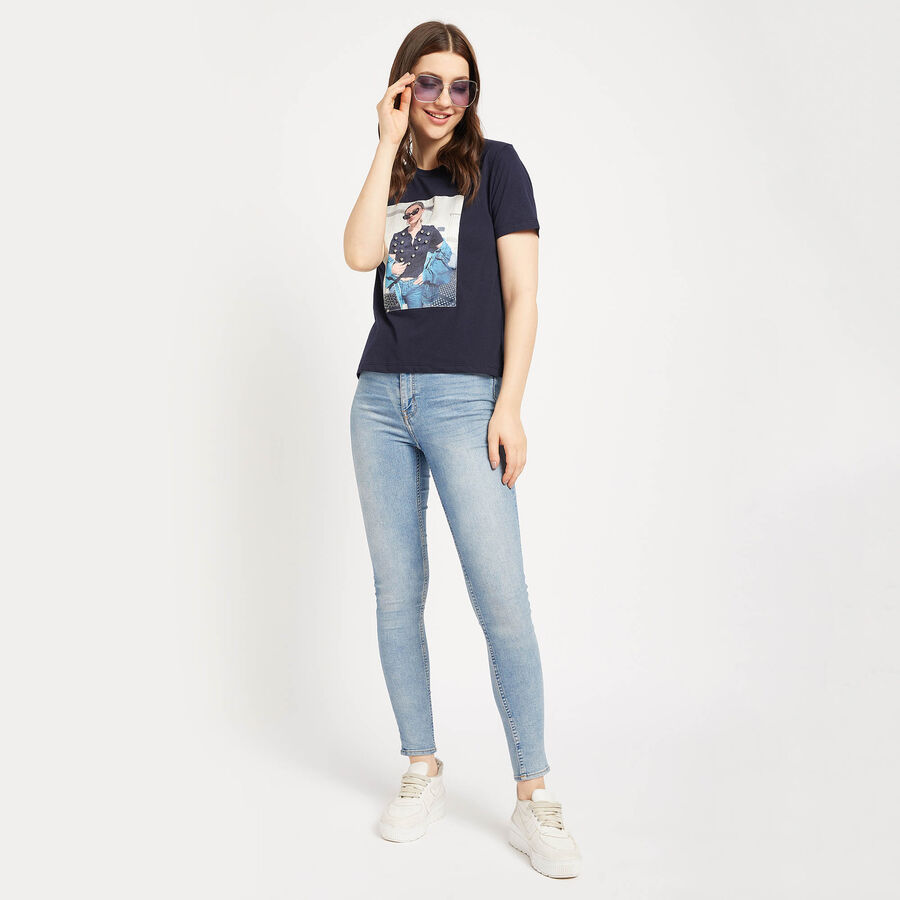 Embellished Round Neck T-Shirt, Navy Blue, large image number null