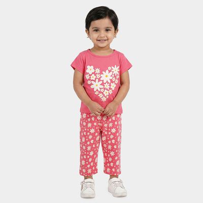 Girls Pink Round Neck Casual Top and Capri Set