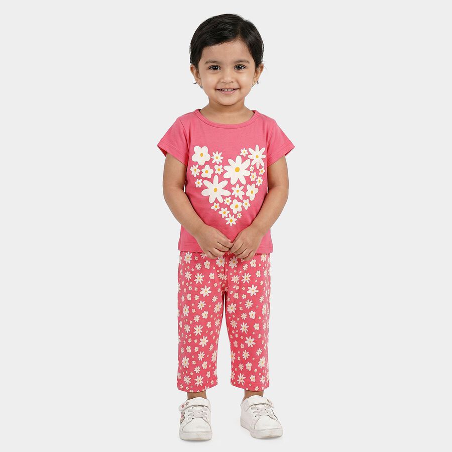 Girls Pink Round Neck Casual Top and Capri Set, गुलाबी, large