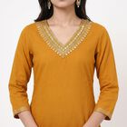 Women's Mustard V-Neck Embroidered Kurta, Yellow, small