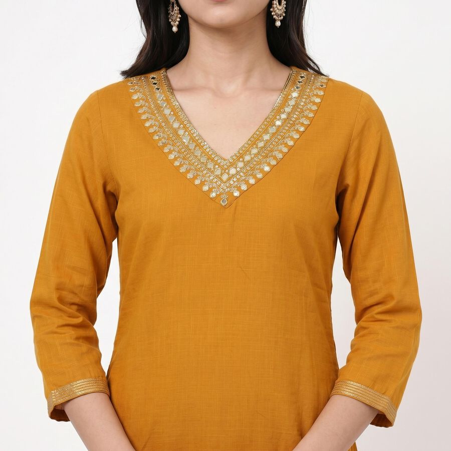 Women's Mustard V-Neck Embroidered Kurta, Yellow, large