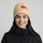 Women's Beige Floral Embellished Beanie Cap, गहरा पीला, small